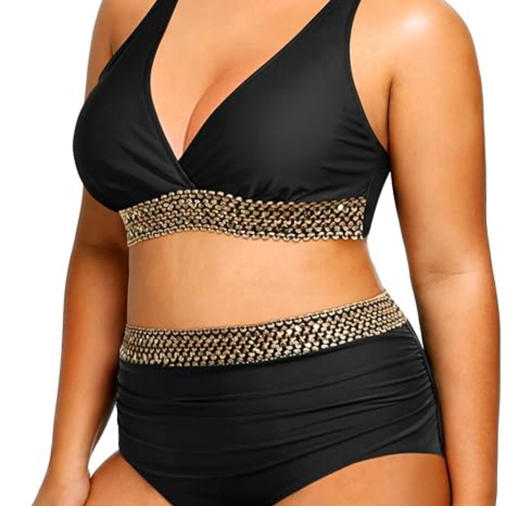 Yonique Brand NWT Women's size 16W Black & Gold High Waisted Bikini Swimsuit - Picture 2 of 5